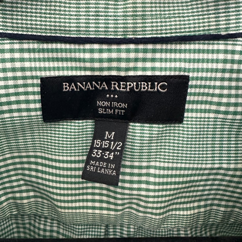 Banana Republic Mens Green White plaid Check Non Iron Slim Dress Shirt M 15.5 - Picture 3 of 4